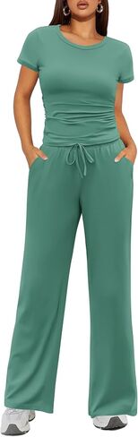 Ekouaer Women's 2 Piece Lounge Sets Ruched Short Sleeve Pajama Set High Waisted Wide Leg Pants Loungewear Outfits in Saudi Arabia