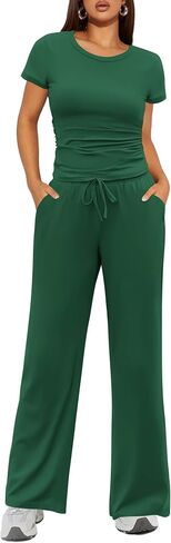 Ekouaer Women's 2 Piece Lounge Sets Ruched Short Sleeve Pajama Set High Waisted Wide Leg Pants Loungewear Outfits in Saudi Arabia