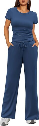Ekouaer Women's 2 Piece Lounge Sets Ruched Short Sleeve Pajama Set High Waisted Wide Leg Pants Loungewear Outfits in Saudi Arabia