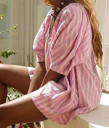 Pdxnyxx Y2k Shorts Romper Tie Front Casual Maternity V Neck Vacation Cute Puff Sleeve Summer Tshirt Rompers in Saudi Arabia