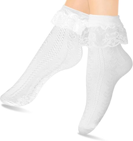 Women Frilly Socks, Ankle Socks Soft White Ruffle Socks Fashion Ladies Princess Lace Socks Cotton Cute Socks for Women in Saudi Arabia