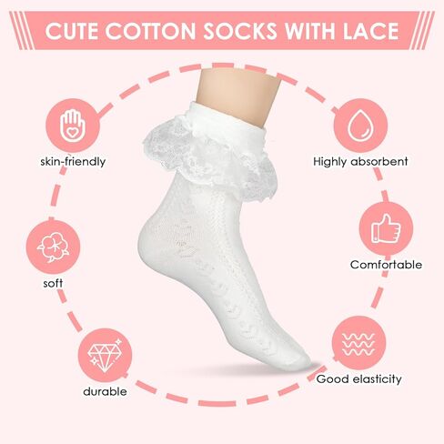 Women Frilly Socks, Ankle Socks Soft White Ruffle Socks Fashion Ladies Princess Lace Socks Cotton Cute Socks for Women in Saudi Arabia