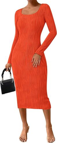 PRETTYGARDEN Women's Dress 2024 Fall Long Sleeve Square Neck Fitted Knit Midi Party Club Slit Bodycon Dresses in Saudi Arabia