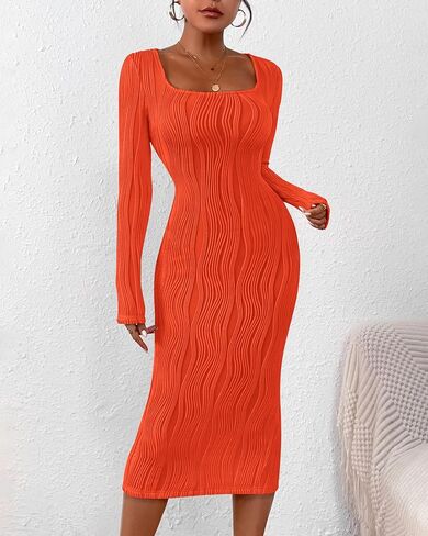 PRETTYGARDEN Women's Dress 2024 Fall Long Sleeve Square Neck Fitted Knit Midi Party Club Slit Bodycon Dresses in Saudi Arabia