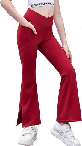 Zaclotre Girls' Flare Leggings with Split Hem Cross High Waist Yoga Bootcut Athletic Kid Bell Bottom Pants with Pockets in Saudi Arabia