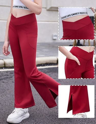 Zaclotre Girls' Flare Leggings with Split Hem Cross High Waist Yoga Bootcut Athletic Kid Bell Bottom Pants with Pockets in Saudi Arabia