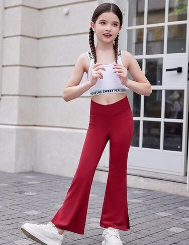 Zaclotre Girls' Flare Leggings with Split Hem Cross High Waist Yoga Bootcut Athletic Kid Bell Bottom Pants with Pockets in Saudi Arabia