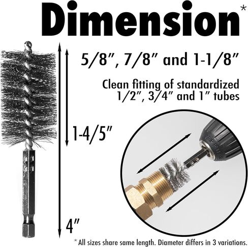 6pcs Copper Tube Pipe Cleaner, 1/2" 3/4" 1" Pipe Cleaning Brush Set, Stainless Steel Wire Bore Brushes for Power Drill, 1/4 Inch Hex Shank in Saudi Arabia