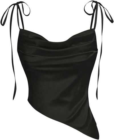 OYOANGLE Women's Tie Shoulder Cowl Neck Draped Front Satin Cami Top Asymmetrical Hem Elegant Camisole in Saudi Arabia