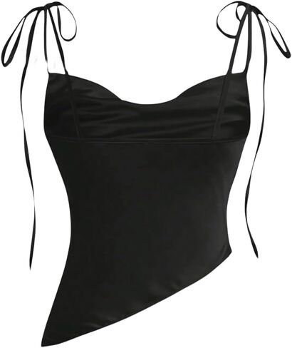 OYOANGLE Women's Tie Shoulder Cowl Neck Draped Front Satin Cami Top Asymmetrical Hem Elegant Camisole in Saudi Arabia
