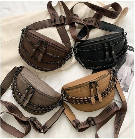Leather Fanny Pack Bag for Women, Chain Belt Bag Chest Purse Fashionable Crossbody Waist Bags Handbag for Everyday Use Trip Walking Hiking in Kuwait