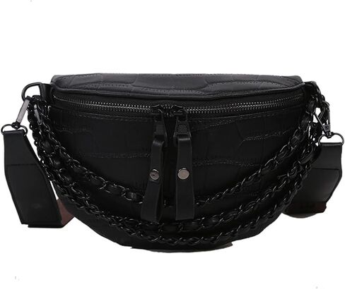Leather Fanny Pack Bag for Women, Chain Belt Bag Chest Purse Fashionable Crossbody Waist Bags Handbag for Everyday Use Trip Walking Hiking in Kuwait