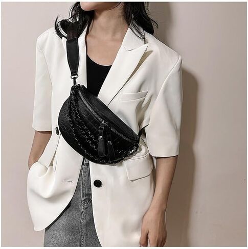 Leather Fanny Pack Bag for Women, Chain Belt Bag Chest Purse Fashionable Crossbody Waist Bags Handbag for Everyday Use Trip Walking Hiking in Kuwait