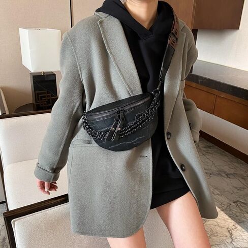 Leather Fanny Pack Bag for Women, Chain Belt Bag Chest Purse Fashionable Crossbody Waist Bags Handbag for Everyday Use Trip Walking Hiking in Kuwait