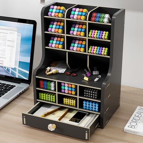 White Pen Organizer with Drawer, DIY Pencil Holder Desk Tidy Caddy Office Stationery Desktop Organiser for Home, Office and School (PB17 White) in Saudi Arabia