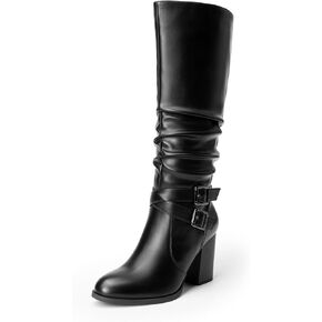DREAM PAIRS Women's Knee High Boots Slouchy Chunky Heeled Buckle Long Boots for Women Side Zipper Tall Boots