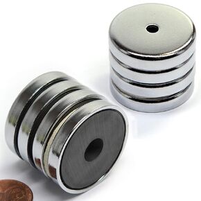 CMS MAGNETICS - 3-Pack RB70 C8 Ceramic Ferrite Round Base Magnet with Anti-Corrosion Chrome Plated Steel Cup and 80 LB Pull Force - Cup Diameter: 67.1mm, Center Hole: 7mm, Thickness: 9.6mm