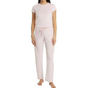 Juicy Couture Women's 2 Piece Velvet Fleece Short Sleeve Shirt and Pants Lounge Sleepwear Set