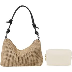 Women Small Faux Straw Bag Summer Beach Bag Woven Underarm Bag Hobo Bag Shoulder Bag Crossbody Purse Handbag 2 Pcs Set