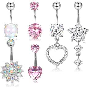 Dochais 6PCS Surgical Stainless Steel Dangle Pink Belly Button Rings for Women Heart Flower Cubic Zirconia Dangling Belly Button Piercing Navel Piercings Pack