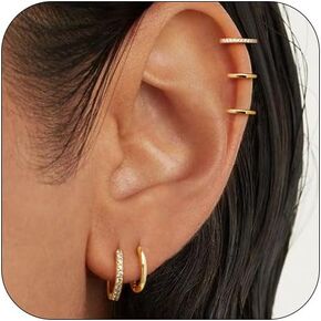 Gold Hoop Earrings for Women, Trendy 14K Gold Stud Earrings Set for Women Dainty Cubic Zirconia Huggie Hoops Small Ear Cuffs Non Piercing Hypoallergenic Earrings Cute Waterproof Gold Jewelry
