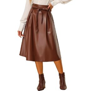 Allegra K Women's Faux Leather High Waist Belted PU A-line Midi Skirt