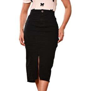 Denim Premium Stretch Skirt Midi High-Waist and Bellow The Knee with Front or Side Slit Regular and Plus Size
