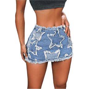 Women's Star Print High Waist Skinny Mini Skirt Ripped Denim Skirt Bodycon Skirt
