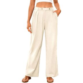 LONGBIDA Women's Wide Leg Cotton Linen Pants High Waisted Palazzo Straight Trousers with Pockets