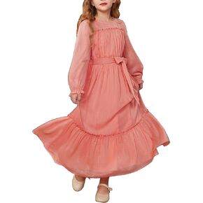 GRACE KARIN Girls Long Sleeve Fall Dress Kids Ruffle Casual Fashion Long Maxi Dress Size 6-14