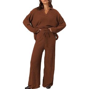 Cakulo Womens 2024 Lounge Sets 2 Piece Outfits Knit Sweater Matching Set Ribbed Wide Leg Loungewear Sweatsuits