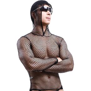 Mens Fishnet Hoodie Mesh Shirt See Through Undershirt Sexy Net Top Long Sleeve Muscle Shirts