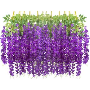 24 Pack Artificial Fake Wisteria Vine Ratta (3.75 Feet) Hanging Garland Silk Flowers String Home Party Wedding Decor (White)