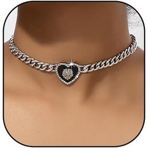 HUJUON Rhinestone Heart Necklace for Women Gold Silver Heart Pendant Choker Necklace Cuban Link Chain Love Heart Chunky Necklace Zircon Heart Statement Necklace