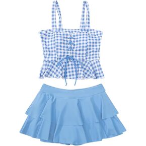 Girls' Bikini Sets 2 Piece Swimsuits Check Print Ruffled Bathing Suit Kids Swimwear Beach Shorts
