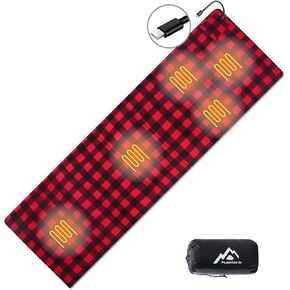 Heated Sleeping Bag pad, Heated Sleeping Bag Liner, Type-C Input, 5 Heating Zones, Operated by Battery Power Bank or Other USB Power Supply. Black & Red Flannel.Type-C.