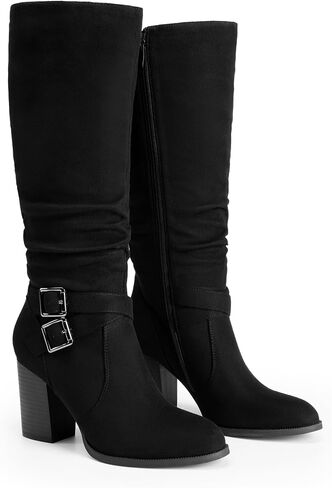 DREAM PAIRS Women's Knee High Boots Slouchy Chunky Heeled Buckle Long Boots for Women Side Zipper Tall Boots in Saudi Arabia