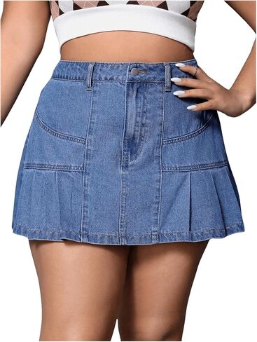 Floerns Women's Plus Size High Waist Casual Pleated Hem Denim Short Skirt in Saudi Arabia