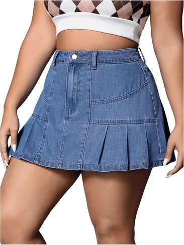 Floerns Women's Plus Size High Waist Casual Pleated Hem Denim Short Skirt in Saudi Arabia