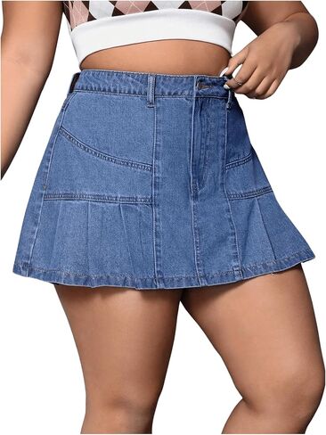 Floerns Women's Plus Size High Waist Casual Pleated Hem Denim Short Skirt in Saudi Arabia