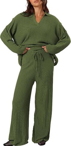 Cakulo Womens 2024 Lounge Sets 2 Piece Outfits Knit Sweater Matching Set Ribbed Wide Leg Loungewear Sweatsuits in Saudi Arabia