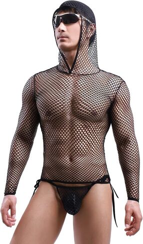 Mens Fishnet Hoodie Mesh Shirt See Through Undershirt Sexy Net Top Long Sleeve Muscle Shirts in Saudi Arabia