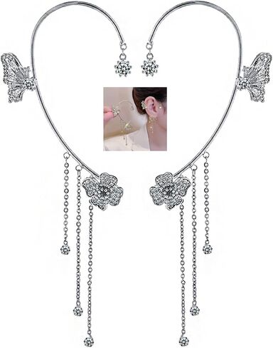 Butterfly Tassel Zircon Earrings,Butterfly Flowers no Piercing Ear Clips for Women Long Chain Crystal Butterfly Ear Cuff Earrings in Saudi Arabia