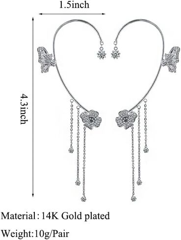 Butterfly Tassel Zircon Earrings,Butterfly Flowers no Piercing Ear Clips for Women Long Chain Crystal Butterfly Ear Cuff Earrings in Saudi Arabia