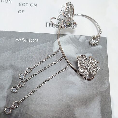 Butterfly Tassel Zircon Earrings,Butterfly Flowers no Piercing Ear Clips for Women Long Chain Crystal Butterfly Ear Cuff Earrings in Saudi Arabia