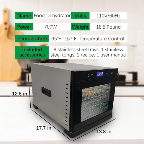 Wixkix 10 Trays Food Dehydrator Machine with Digital Screen, Fruit Vegetable Drying Oven Industrial Machine, Timer and Temperature Control Stainless Steel, 1000W 110V in Saudi Arabia