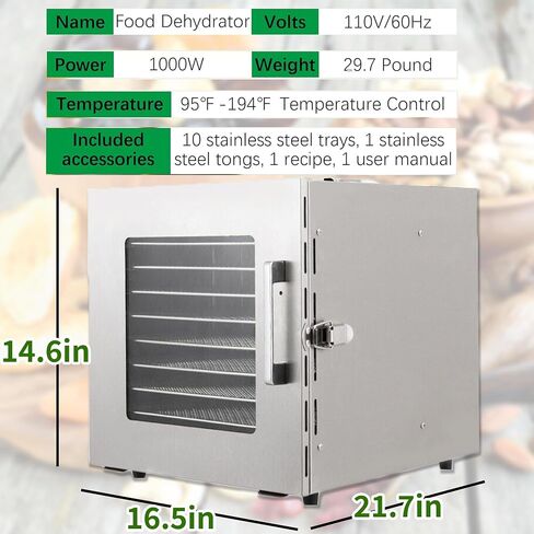 Wixkix 10 Trays Food Dehydrator Machine with Digital Screen, Fruit Vegetable Drying Oven Industrial Machine, Timer and Temperature Control Stainless Steel, 1000W 110V in Saudi Arabia