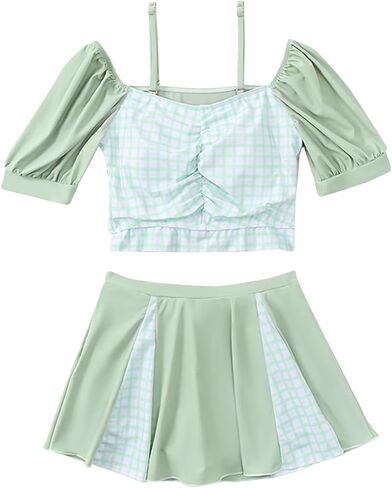 Girls' Bikini Sets 2 Piece Swimsuits Check Print Ruffled Bathing Suit Kids Swimwear Beach Shorts in Saudi Arabia