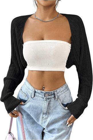Women's Long Sleeve Open Front Crop Cardigan Drop Shoulder Bolero Shrug Lightweight Sweater in Saudi Arabia