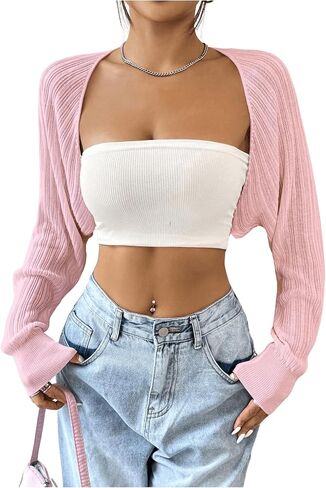 Women's Long Sleeve Open Front Crop Cardigan Drop Shoulder Bolero Shrug Lightweight Sweater in Saudi Arabia